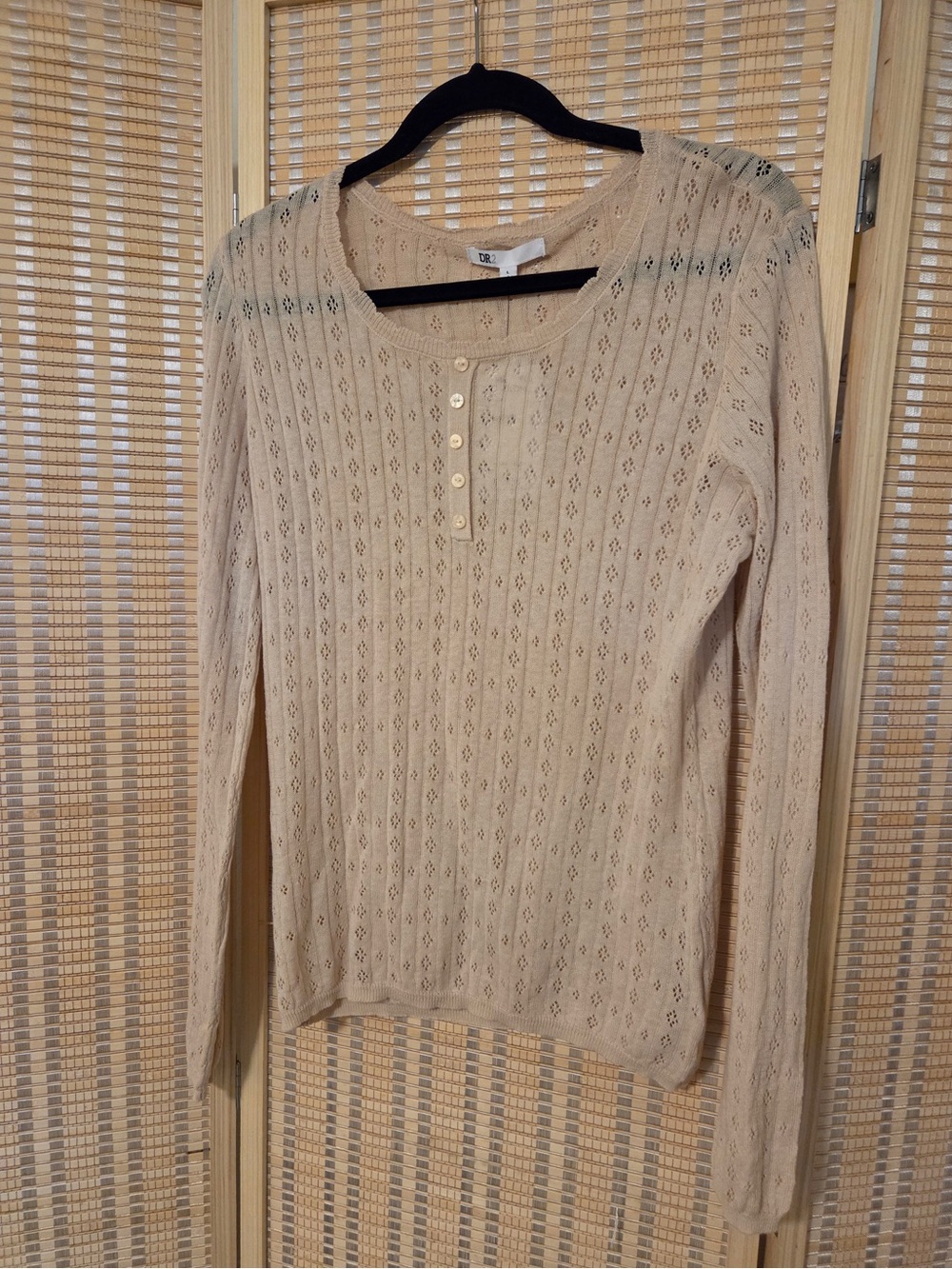 DR2 NWT Lightweight Cream Henley Knit Top - Soft Pointelle Long Sleeve